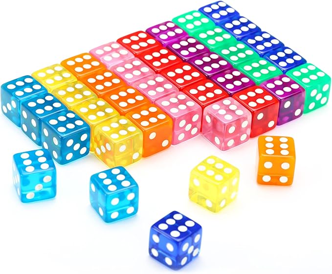40pcs 6-Sided Game Dice Set Standard Game Dice for Broad Game Math Teaching Translucent Acrylic Game Dice with 8 Colors (5pcs/Set)
