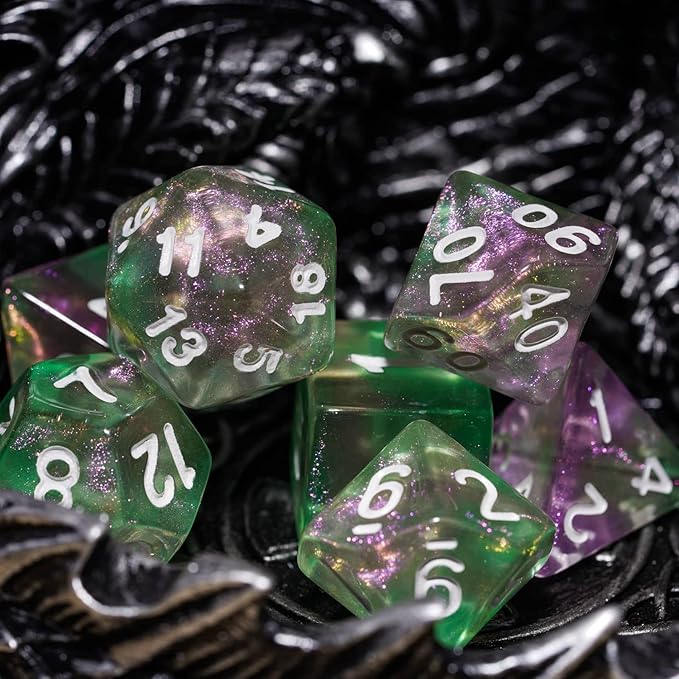 7-Die DND Dice Set Polyhedral Dice Set with a Leather Dice Bag, D&D Dice Set for Dungeons and Dragons, RPG, MTG Table Games (Green Pink/Glitter)