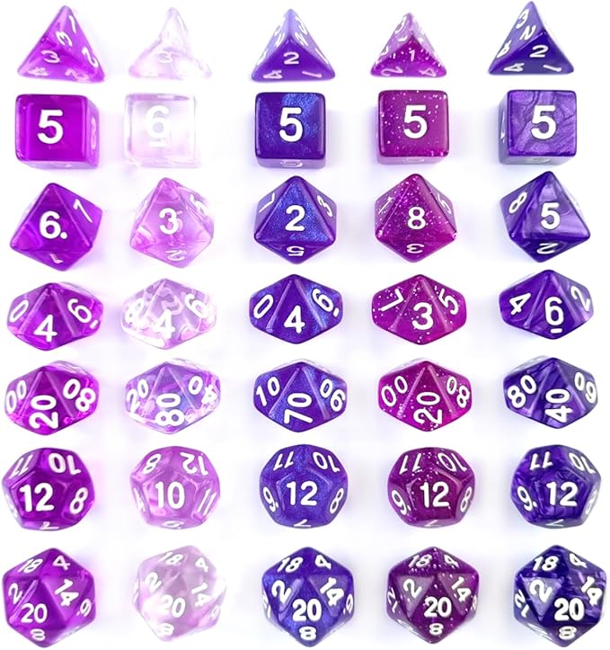 Bescon 35pcs Polyhedral RPG Dice Amethysts Set, DND Role Playing Game Dice Purple Sets 5X7pcs