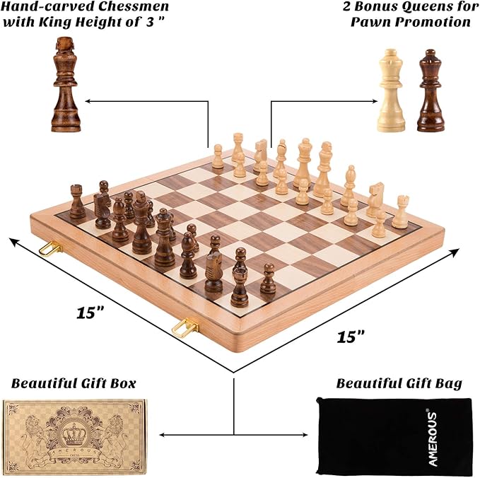 AMEROUS Magnetic Wooden Chess Set, 15 Inches Handmade Wooden Folding Travel Chess Board Game Sets with Chessmen Storage Slots for Kids and Adults, 2 Bonus Extra Queens, Gift Box Packed