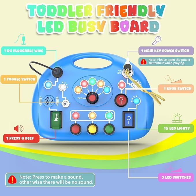Montessori Busy Board, LED Light Switch Toy, Montessori Switch Fidget Board Travel Toys for Toddlers 1 2 3 4+ Year Old, Early Development Busy Board for Kids Boys Kindergarten Graduation Gifts (Blue)