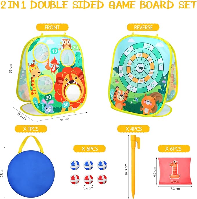 Yunsailing 63 Pcs Carnival Outdoor Games Set for Kids Include Animal Bean Bag Toss Plastic Cones Bean Bags Ring Toss Egg and Spoon Race, Field Yard Lawn Outdoor Game, Gift for Birthday Party