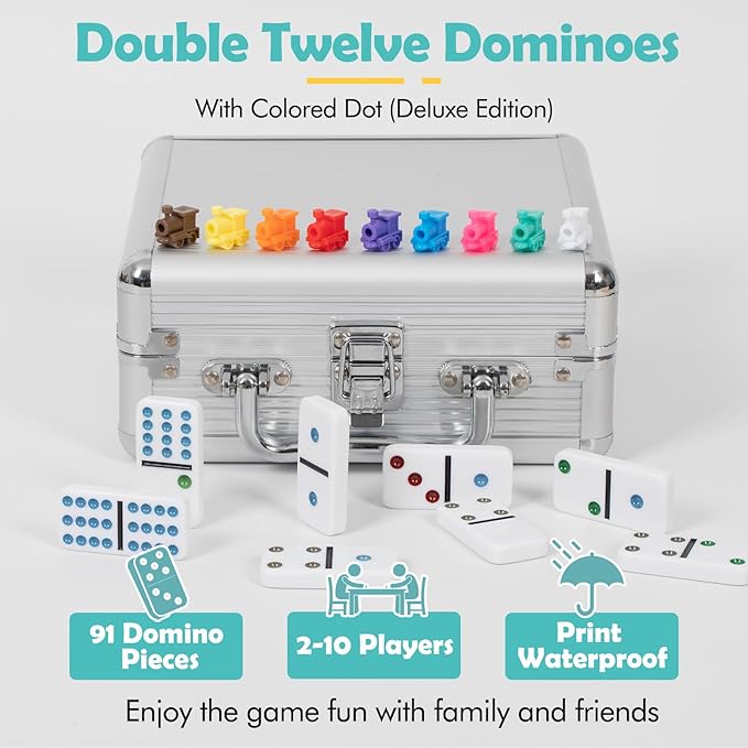 DAILYLIFE Mexican Train Dominoes Set, Double 12 Dominoes Set with Portable Case, 91 Tiles Colored Dominos Set for Adults, Mexican Train Games for Family Night, Travel, Party