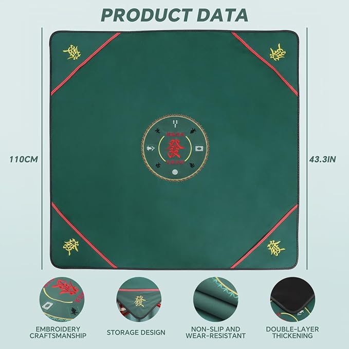 Mahjong mat,a large-sized handmade embroidered mahjong mat,suitable for poker,board games,card games,dominoes,and other games.It is a noise-reducing and anti-slip mahjong mat (43.3x43.3 inches green)