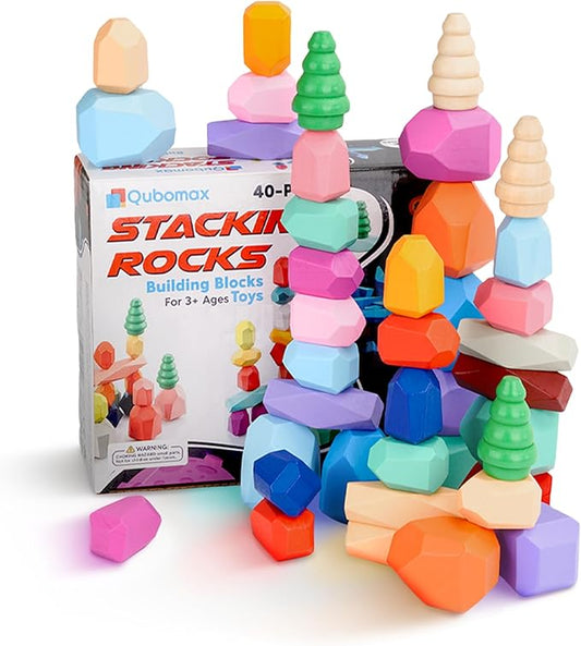 40 Pcs Wooden Stacking Rocks & Sensory Learning Toys for Ages 3-9 | Develops Motor Skills & Creativity for Girl or Boy - Stacking Blocks for Birthday Gift