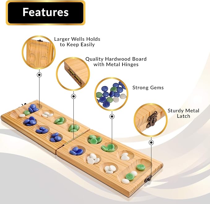 Point Games Solid Wood Deluxe Mancala - Folding Board Game w Metal Latch and Glass Marbles- Portable Strategy Travel Game - Recommended Ages 6+