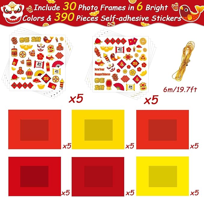 30 Packs Chinese New Year Craft Kits for Kids Lunar New Year DIY Picture Frame Craft Decorations 2025 Year of The Snake Chinese Art Favor Home Classroom Game Activities
