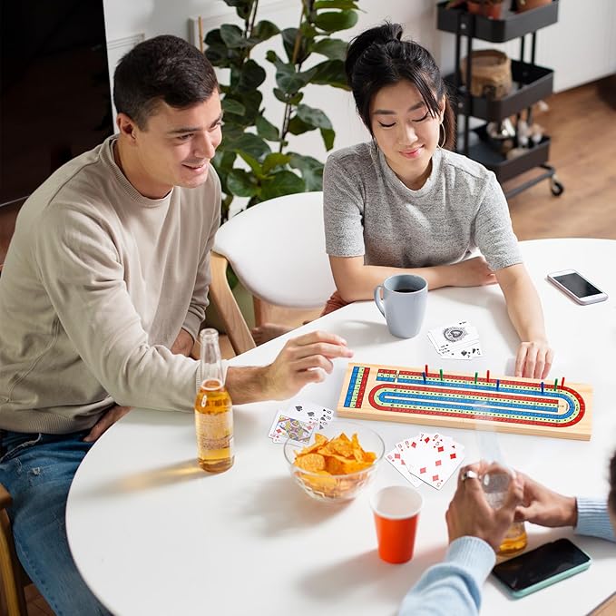Cribbage Board Game Set, 3-Track Color-Coded Wooden Board with Storage, Includes 9 Pegs, Deck of Playing Cards, Ideal for Family Fun, Travel, and Gatherings