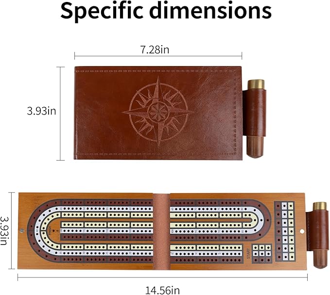 Cribbage Board Game Set,Solid Wood 3 Track Cribbage Board, 9 Metal Pegs,2 Decks of Playing Cards,Leather Travel Cribbage Board Travel Games,Portable