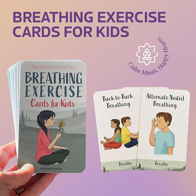 Breathing Exercise Cards for Kids, Deck for Classroom, Calm Down Corner Kit, Sensory Room, Social Emotional Yoga Games for Kids, Mindfulness Tools for Play Therapy, or Relaxation