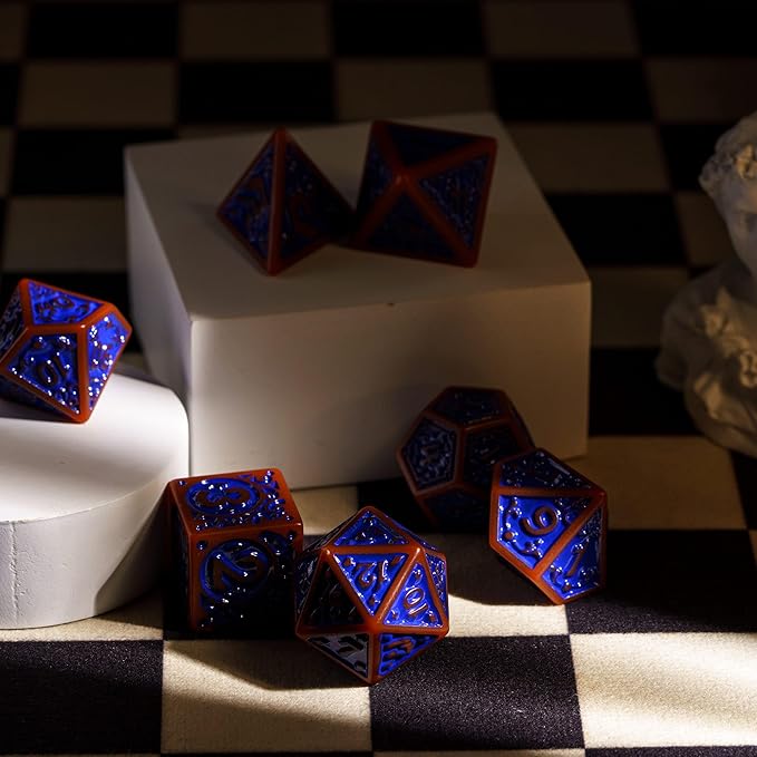 7-Die DND Dice Set New Pattern Polyhedral Dice Set with Leather Bag D&D Dice Set for Dungeons and Dragons RPG MTG Table Games(Brown Blue)