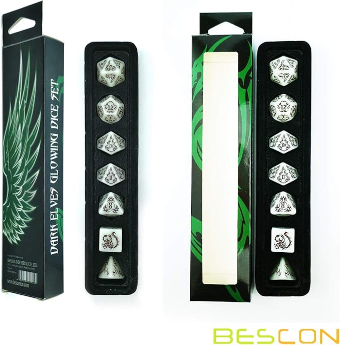 BESCON Dark Elves Glowing Dice Set (7 Piece), Oversized Glow in Dark Carved Role Playing Games RPG Dice Set