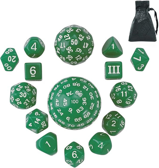 15 Pieces Complete Polyhedral DND Dice Set D3-D100 Spherical D&D Dice Set with Dragon Eye Dice Bag, D100 Dice for Dungeons and Dragons, RPG, MTG Table Games(Green w/White Numbers)