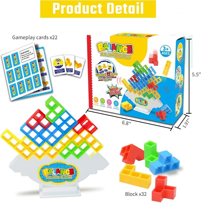 Tower Stack Game 32PCS with 22 Gameplay Cards | Balance Building Blocks for Kids & Adults | Family Party Board Games, Eco-Friendly STEM Learning Toys