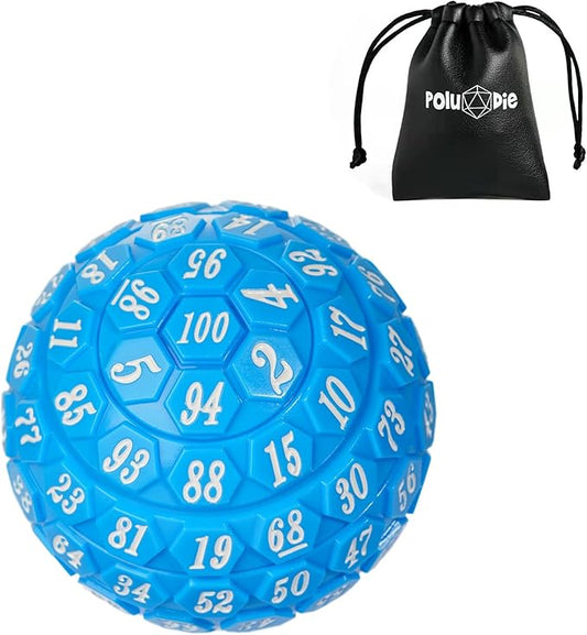 100 Sided Polyhedral Dice, Single D100 Game Dice, 100 Sided Cube with Black Pouch, D100 die 48 mm (Opaque Blue with White Number)