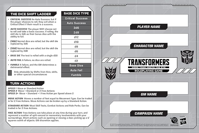 Renegade Game Studios Transformers Roleplaying Game Expanded Character Sheet Journal