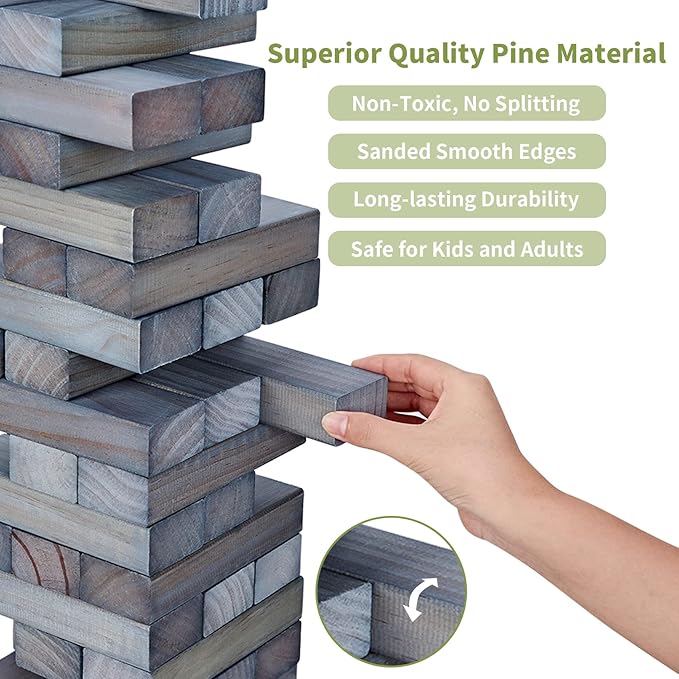 ApudArmis Giant Tumble Tower Stack to Over 5Ft, 56 PCS Pine Wooden Stacking Timber Game with 1 Dice Set - Classic Block Giant Outdoor Game (7.48 * 2.48 * 1.5 in Each Block, Gray)