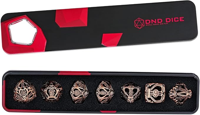 Cusdie 7-Die Metal Dice Set - Hollow Design with Bells - Crisp Sounding Gaming Dice in Tin Box - Perfect for Tabletop RPGs & Board Games(Ancient Copper)