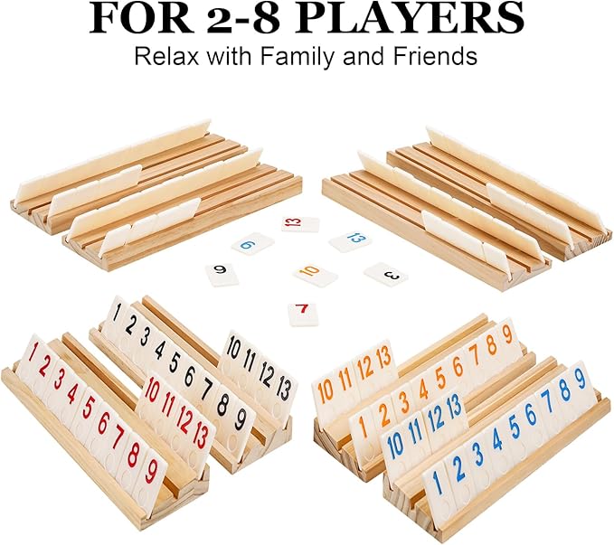 6-8 Players Rummy Game Upgraded Set with 8 Wooden Racks, 214 Tiles, Portable Case, Drawstring Bag and Dice, Board Games for Adults Friends Night Gifts Travel Party Sharpens Brain