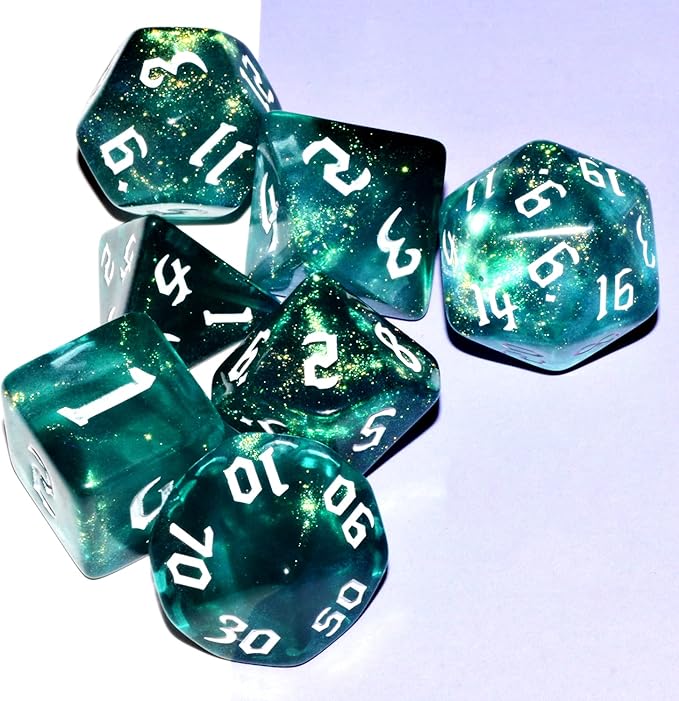 Galaxy Dice Set| Dark Green Mix Cyan Crystal DND Dice Set for Board Game