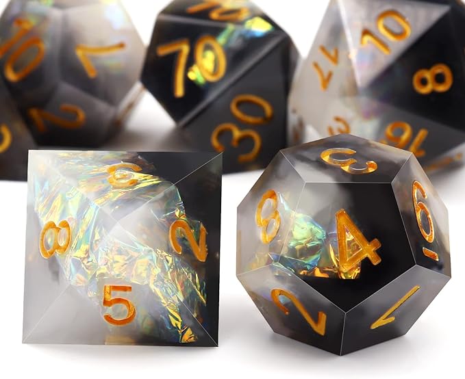Haxtec Sharp Edge Dice Set DND Dice Black and White Resin Dice Iridecent Mylar Galaxy D&D Dice for RPG Role Playing Dungeons and Dragons Gift