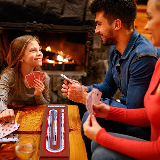 Cribbage Board Game Set with Large Storage Area, Solid Wood 3 Track Cribbage Board, 9 Metal Pegs, 2 Playing Cards and Instruction. Travel Cribbage Sets for All Ages(Vintage Color).