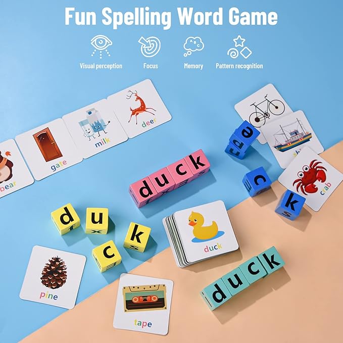 DragonflyDreams Wooden Blocks Spelling Puzzles, Matching Letter Game, Kids Learning Toys Ages