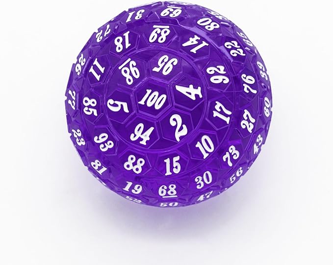 100 Sided Polyhedral Dice, Single D100 Game Dice, 100 Sided Cube with Black Pouch, D100 die 48 mm (Purple with White Number)