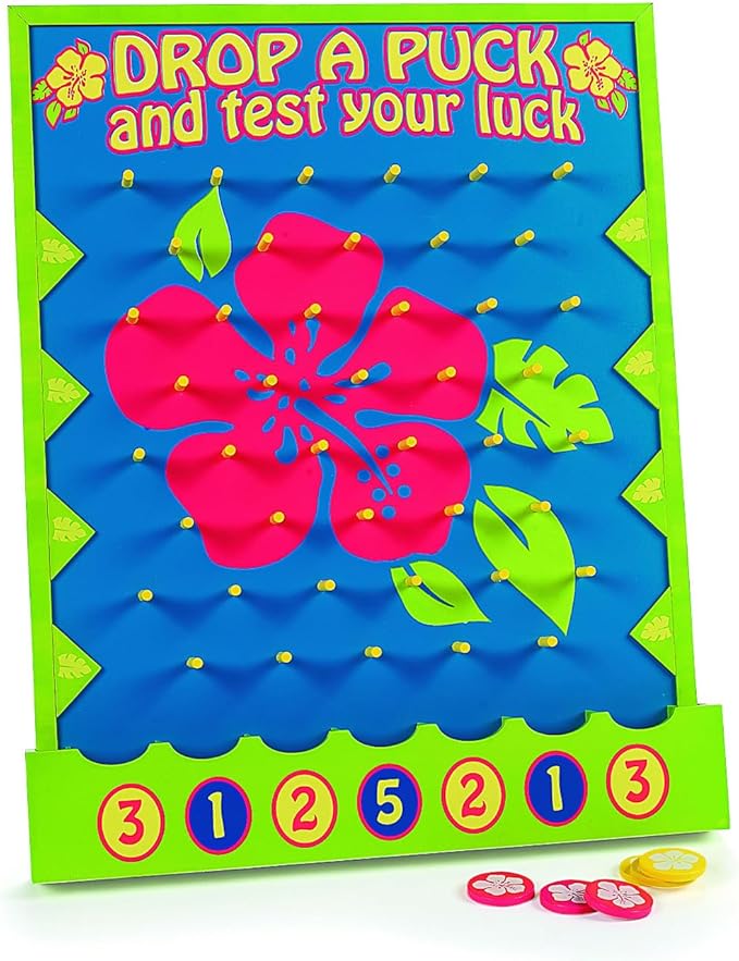 Fun Express 16" x 20" Tropical Luau Multicolor Wood Tabletop Disc Drop Game - 8 Pieces in Set - Great for Vacation Bible School, Birthday Parties and Luaus