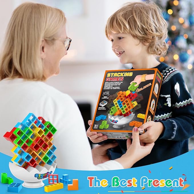70Pcs Tetra Board Game for Adult & Kids 4-8 8-12, Team Building Blocks Stack Attack Game, Stacking Balance Toy for Family Friend Easter Basket Stuffers