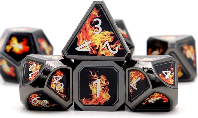Haxtec Fire Bolt Real Scene Metal DND Dice Set Black Polyhedral Metal Dice for D&D Dungeons and Dragons Gifts TTRPG Games-Dark Fire