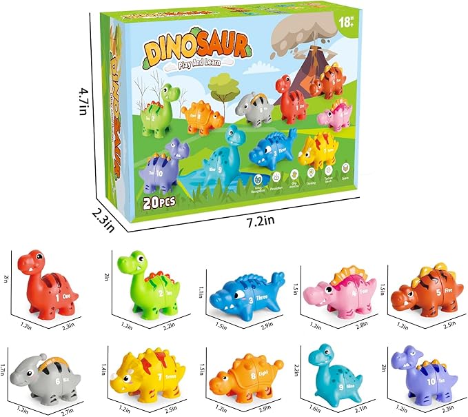 20 PCS Dinosaur Number Learning Toys for Toddlers 2-4, 10 Different Dinosaur Figures, Double Sided Number Matching Game, Preschool Activities Montessori Fine Motor Toys for Toddlers Kids
