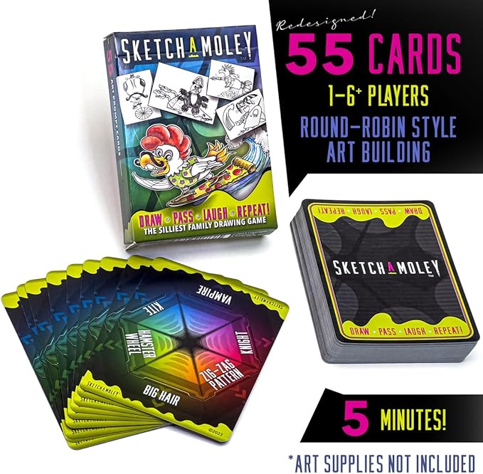 SketchaMoley Silly Family Drawing Game of Round Robin Art Mashups! 1-6+ Players. 55 Cards Travel Deck. Creative Stocking Stuffer Gifts for Kids Teens Artists Daily Art Prompts Ideas