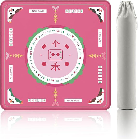 Mahjong Mat Neoprene Anti-Slip Noise Reduction with Rules, 32.4x32.4 Inch Pink Table Cover for American Mahjong, Poker, Card & Board Game Players