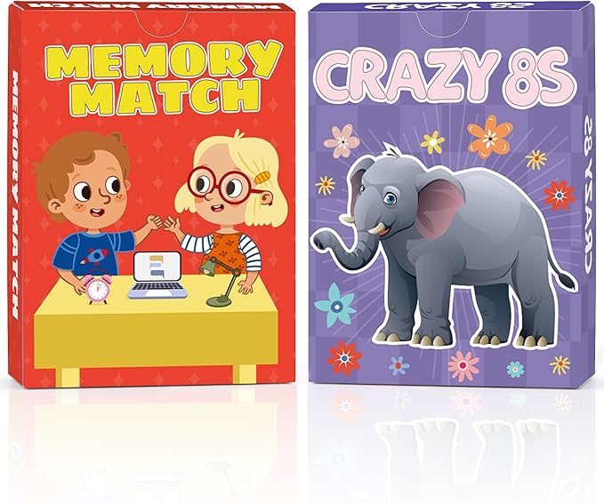 Card Game, Card Games for Kids Ages 4-8, Easy to Learn, Easter Basket Stuffers Gifts Ideal, Fun for Family Game Night Party Travel Preschool Classroom (Memory Match & Crazy 8s)