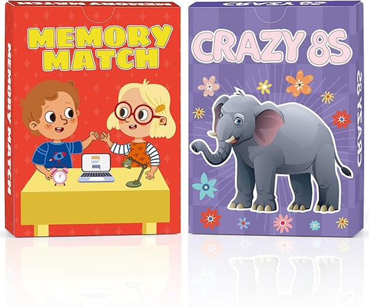 Card Game, Card Games for Kids Ages 4-8, Easy to Learn, Easter Basket Stuffers Gifts Ideal, Fun for Family Game Night Party Travel Preschool Classroom (Memory Match & Crazy 8s)