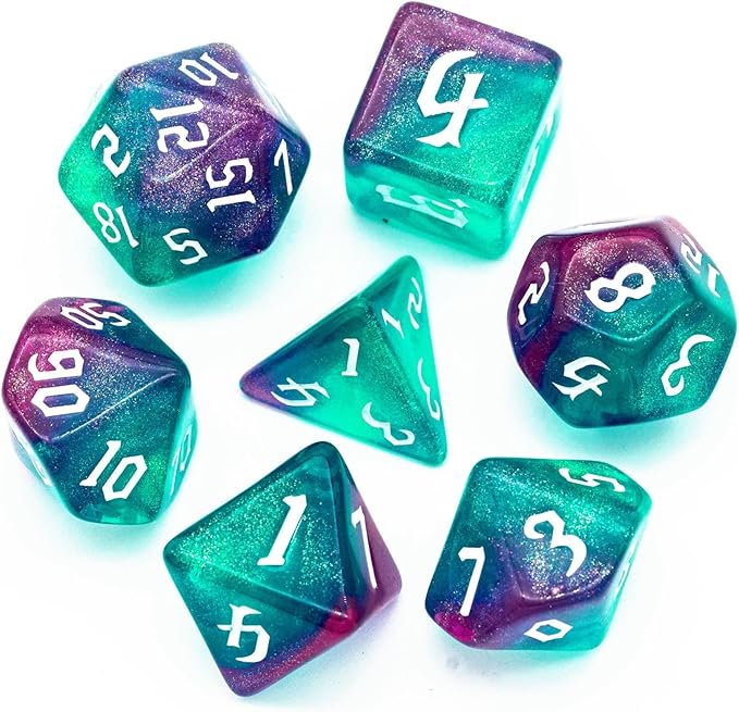 7-Die DND Dice Set Polyhedral Dice Set with a Leather Bag, D&D Dice Set for Dungeons and Dragons, RPG, MTG Table Games (Rose Blue w/Glitter)