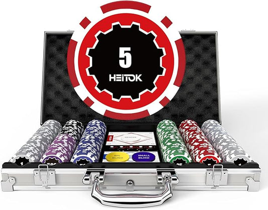 Poker Chips with Denominations, 300-pcs 11.5g Weighted Numbered Casino Chips Set, 5 Dice, 2 Decks with Compact Aluminum Case for Texas Hold'em, Blackjack, Age 8 and Plus