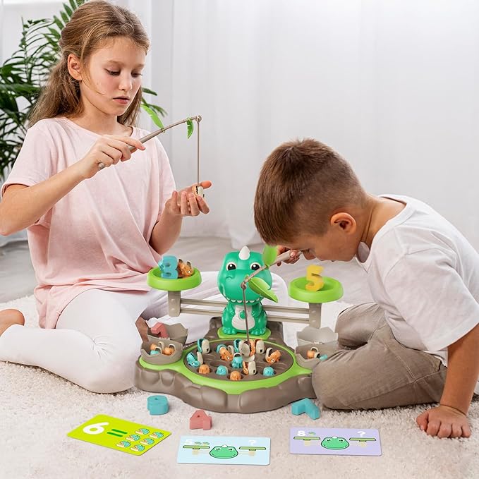 2 in 1 Dinosaur Magnetic Fishing & Balance Math Game, 21 Pcs Dinosaur Toys with 10 Interactive Math Cards, Math Learning Counting Toys, Pre-Educational Board Game for Ages 3-6 (Light Green)