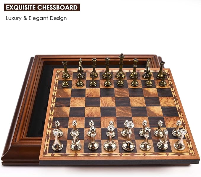 AMEROUS 14 inches Wooden Chess Set with Metal Chess Pieces / 2.5'' King/Storage for Chessmen/Gift Package/Instructions/Classic Board Game