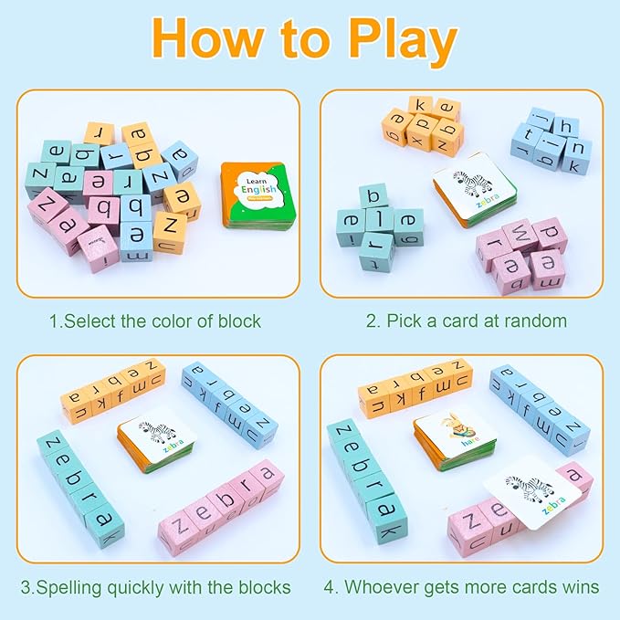 Word Spelling Game, Matching Letter Game for Kids, Fast-paced Word Race Cube Game, 54pcs Flash Cards Alphabet Blocks, Educational Toys for Gift for Kids Ages 3-8