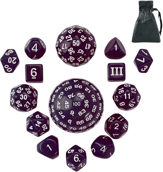 15 Pieces Complete Polyhedral DND Dice Set D3-D100 Spherical D&D Dice Set with Dragon Eye Dice Bag, D100 Dice for Dungeons and Dragons, RPG, MTG Table Games(Purple w/White Numbers)
