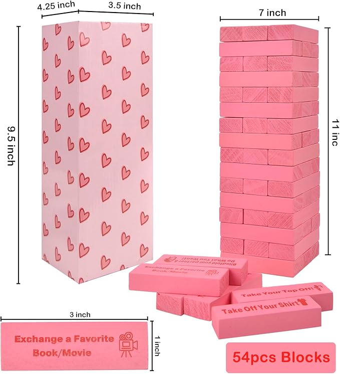 Nerien Couples Games for Adults - 54Pcs Fun Stacking Blocks for Couples, Super Naughty Block Tower Game, Wooden Tumbling Stacking Puzzles Challenge for Him Her
