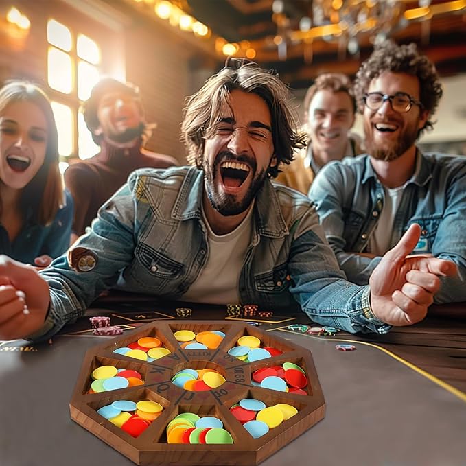 Michigan Rummy Game Luxury Set Royal Hearts Rummy Poker Wooden Tripley Board Game Bravado Game Classic Family Card Game 100 Chips 2 Playing Cards (Small Octagon, Walnut Color)
