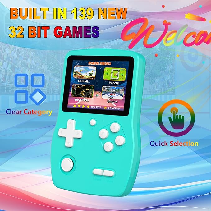 32 Bit Handheld Games for Kids,3.0'' IPS Screen and Built in 139 Video Games,Rechargeable Portable Electronic Gaming System Toys for Ages 4-14,Boys Girls Xmas Birthday Gift (Cyan)