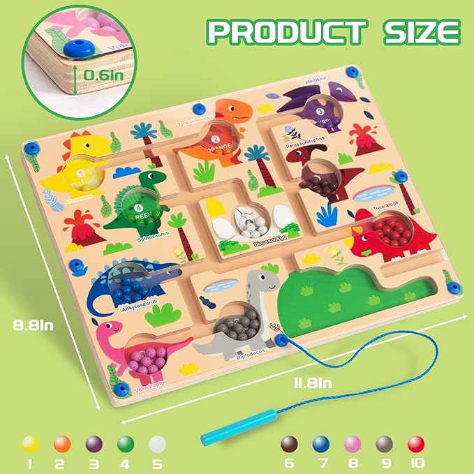Magnetic Color & Number Maze, Montessori Wooden Color Matching Learning Counting Puzzle Board, Toddler Fine Motor Skills Toys for Boys Girls 3 4 5 Years Old - Dinosaur