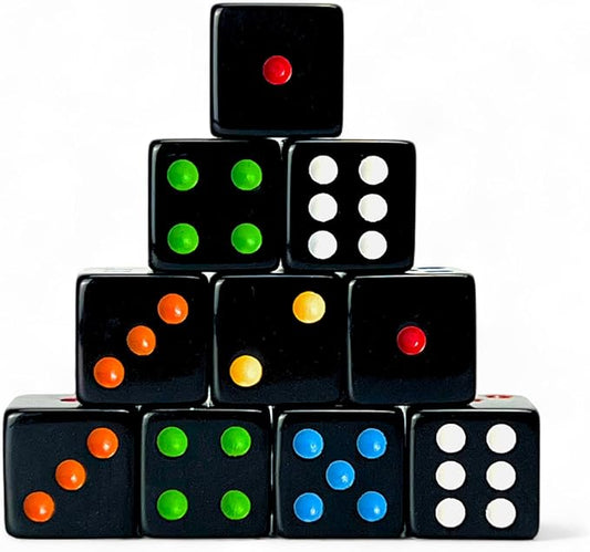 Luck Lab 10 Piece D6 Multicolor Pip Dice Pack - Acrylic 16mm Square Edge Standard Dice for RPG MTG DND Table Games and Board Games, Storage Bag Included (Black Multicolor)