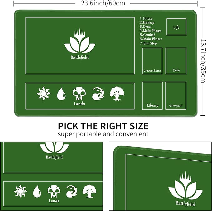 MTG Playmat Stitched with Magic Zone Non-Slip Rubber Backing Printing Commander Board Game Desk Mat Duel Mat TCG PTCG Playmat 24x14 inches and Free Storage Bags (Green)