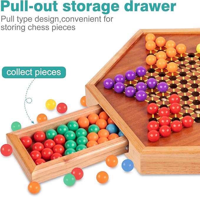 HOLYKING 12.6 Inchs Wooden Chinese Checkers with Drawer-Traditional Board Game with Set of 60 Colorful Acrylic Marbles, Classic Strategy Family Game for up to 6 Players
