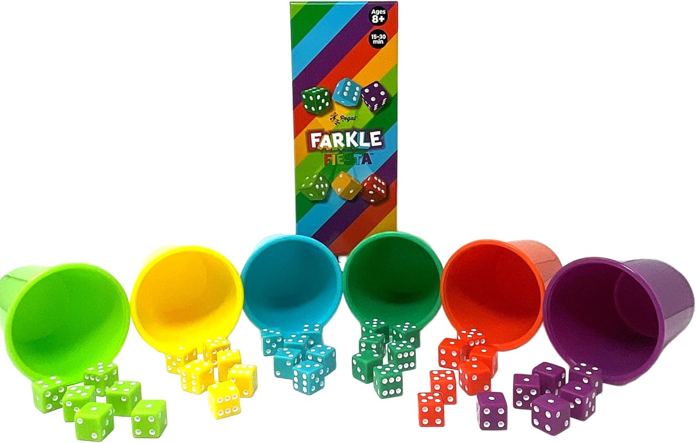 Regal Games - Farkle Fiesta Classic Dice Game w/ 6 Colored Dice Sets, 6 Convenient Dice Cups for Easy Shaking, & 20 Score Sheets - Fun Family Game for Travel, Camp - Ideal for 2-4 Players (Ages 8+)
